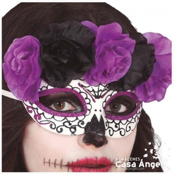 ANTIFAZ DE CATRINA CON FLORES NEGRAS Y LILA Y DETALLES DE PURPURINA