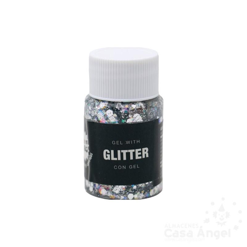 BOTE DE GLITTER CON GEL COLOR PLATA 20gr