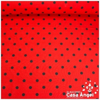 STRETCH ESTAMPADO SERIE FIESTA LUNARES NEGROS EN FONDO ROJO 150cm