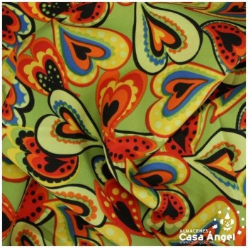 STRECH ESTAMPADO DE CORAZONES SOBRE VERDE SERIE FIESTA 150cm