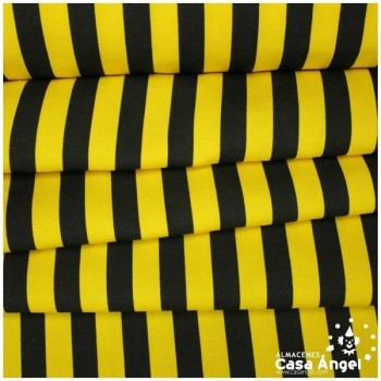 STRECH ESTAMPADO RAYAS NEGRO Y ORO SERIE FIESTA 150cm
