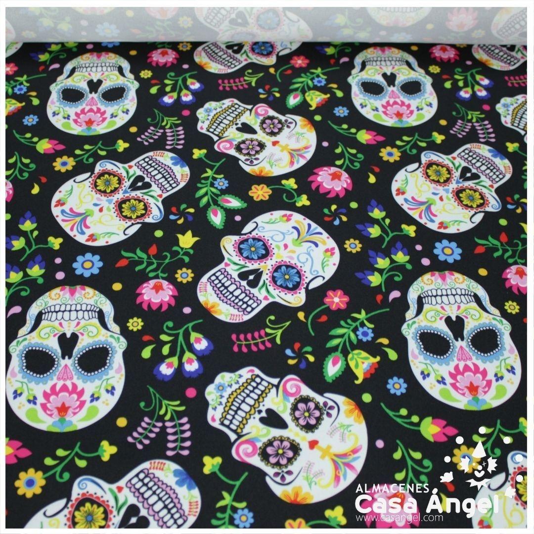 TEJIDO STRECH ESTAMPADO CALAVERAS DÍA DE LOS MUERTOS 150cm