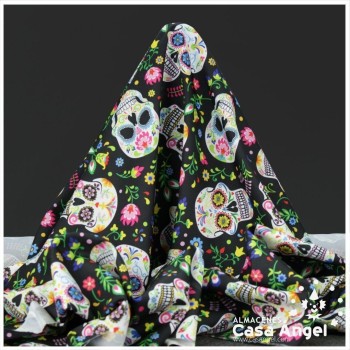 TEJIDO STRECH ESTAMPADO CALAVERAS DÍA DE LOS MUERTOS 150cm