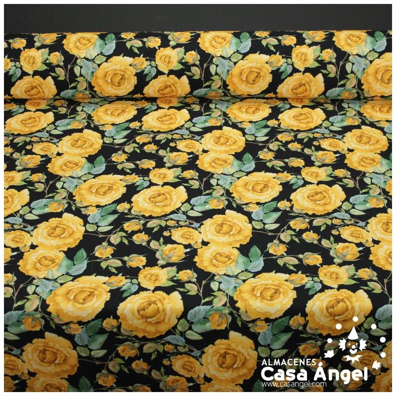 TEJIDO NEGRO ELÁSTICO CON ESTAMPADO DE FLORES 150cm