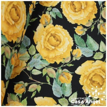 TEJIDO NEGRO ELÁSTICO CON ESTAMPADO DE FLORES 150cm