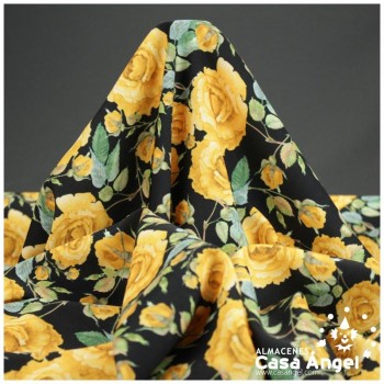 TEJIDO NEGRO ELÁSTICO CON ESTAMPADO DE FLORES 150cm