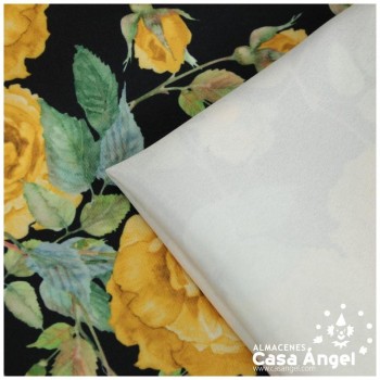 TEJIDO NEGRO ELÁSTICO CON ESTAMPADO DE FLORES 150cm