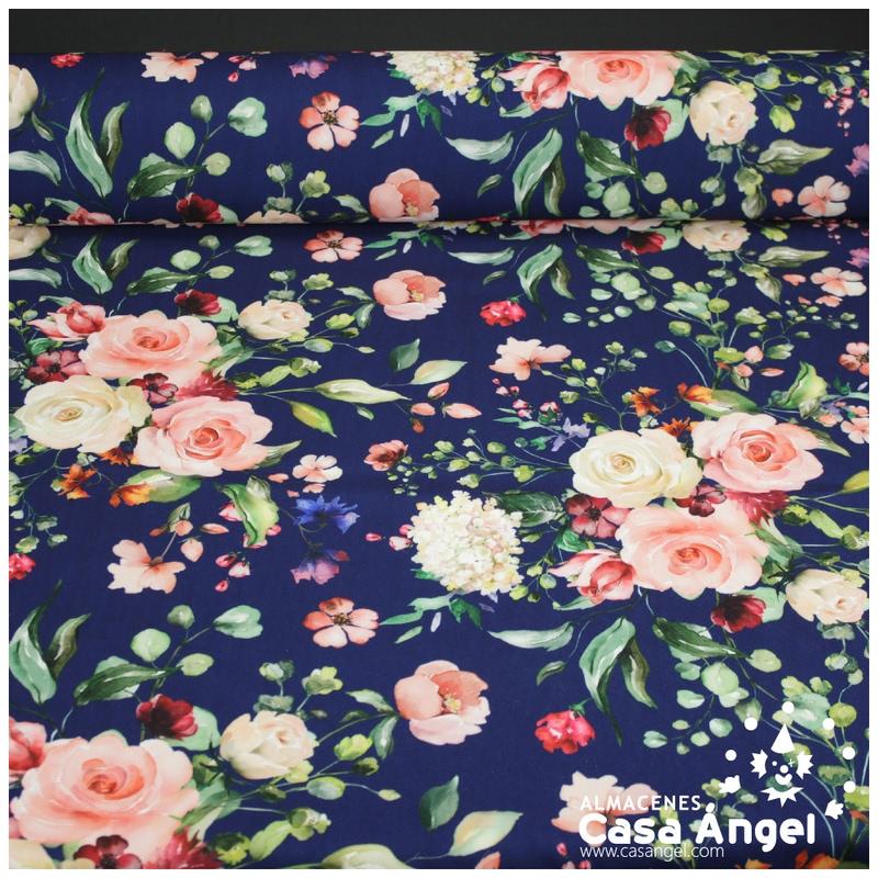 TEJIDO AZUL ELÁSTICO CON ESTAMPADO DE FLORES 150cm