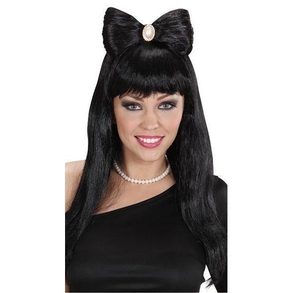 PELUCA GLAM ROCK NEGRA CON LAZO Y JOYA