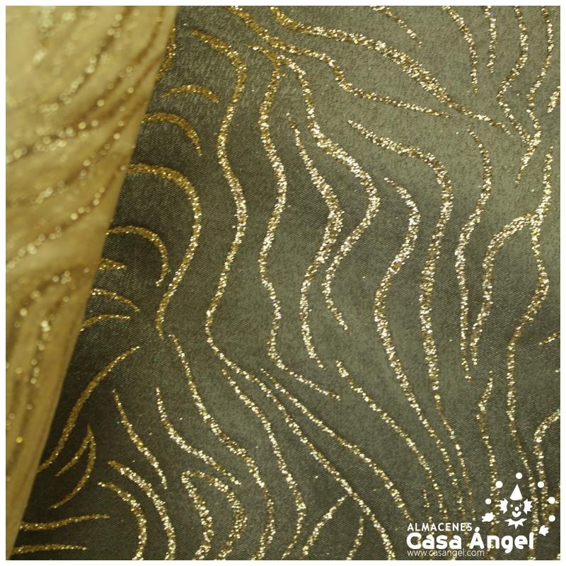 ORGANDÍ CRISTAL DORADO ESTAMPADO GLITTER SERIE NEKO 148cm