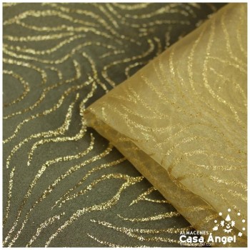 ORGANDÍ CRISTAL DORADO ESTAMPADO GLITTER SERIE NEKO 148cm