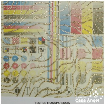 ORGANDÍ CRISTAL DORADO ESTAMPADO GLITTER SERIE NEKO 148cm