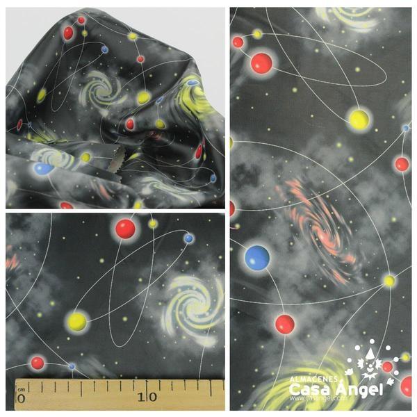 RASO FONDO NEGRO CON ESTAMPADO DE PLANETAS SERIE GALAXIA ANCHO 150cm