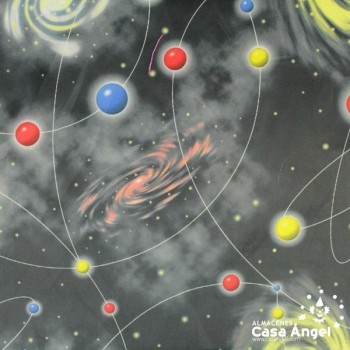 RASO FONDO NEGRO CON ESTAMPADO DE PLANETAS SERIE GALAXIA ANCHO 150cm