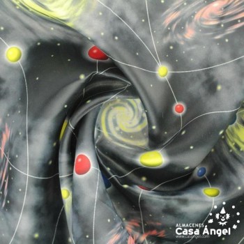RASO FONDO NEGRO CON ESTAMPADO DE PLANETAS SERIE GALAXIA ANCHO 150cm