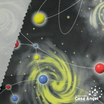 RASO FONDO NEGRO CON ESTAMPADO DE PLANETAS SERIE GALAXIA ANCHO 150cm