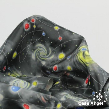 RASO FONDO NEGRO CON ESTAMPADO DE PLANETAS SERIE GALAXIA ANCHO 150cm