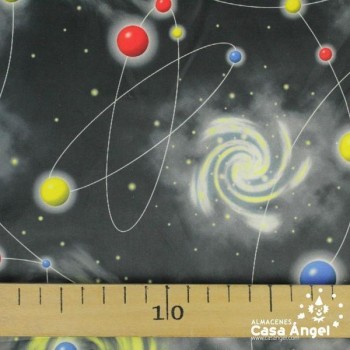 RASO FONDO NEGRO CON ESTAMPADO DE PLANETAS SERIE GALAXIA ANCHO 150cm