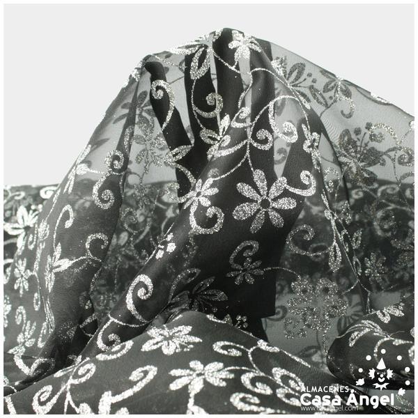ORGANZA NEGRA CON FLORES DE PURPURINA SERIE SEVILLA 150cm
