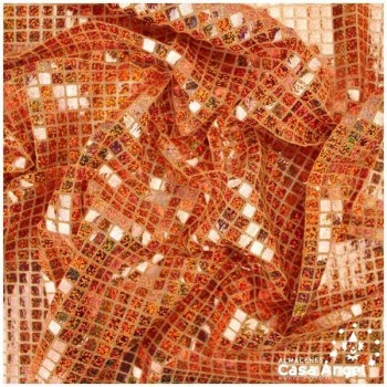 PUNTO LAMÉ NARANJA CON LENTEJUELAS CUADRADAS SERIE GRIDY 112cm