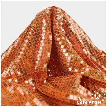 PUNTO LAMÉ NARANJA CON LENTEJUELAS CUADRADAS SERIE GRIDY 112cm