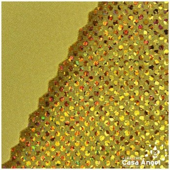 LYCRA ORO CON BRILLO HOLOGRÁFICO EN LUNARES 150cm