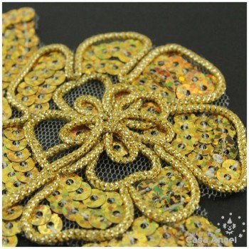 APLICACIÓN FLOR LENTEJUELA ORO TORNASOL 13cm BOLSA 2uds
