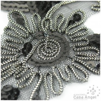 APLICACIÓN FLORES LENTEJUELAS Y CORDÓN NEGRO 16cm