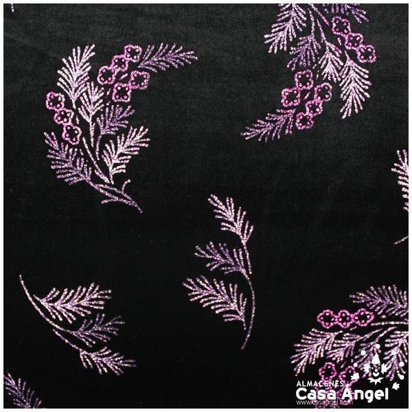 TERCIOPELO NEGRO CON RAMILLETES DE GLITTER FUCSIA 150cm