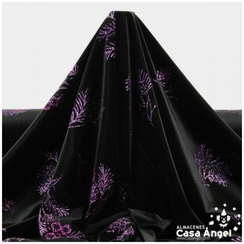 TERCIOPELO NEGRO CON RAMILLETES DE GLITTER FUCSIA 150cm