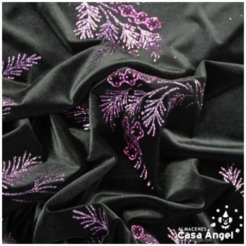 TERCIOPELO NEGRO CON RAMILLETES DE GLITTER FUCSIA 150cm