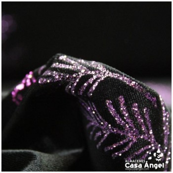 TERCIOPELO NEGRO CON RAMILLETES DE GLITTER FUCSIA 150cm
