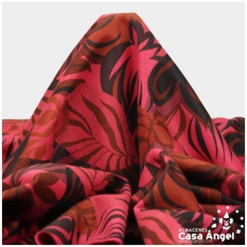 TELA DE PAÑO ESTAMPADO DE HOJARASCA FRAMBUESA SERIE KALY 150cm