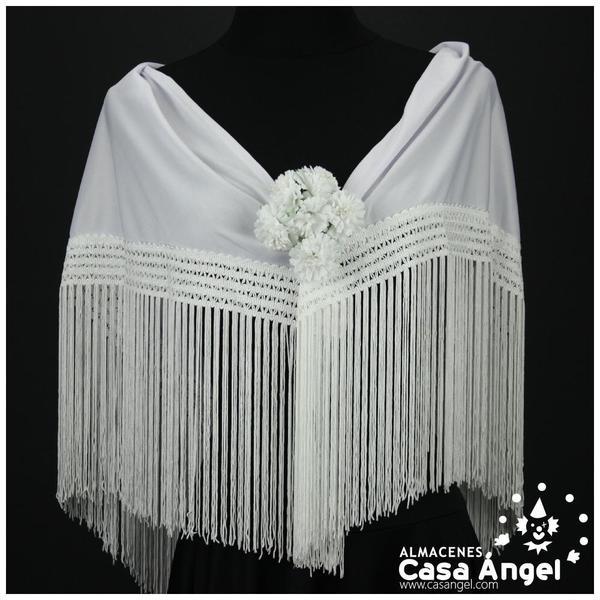 MANTÓN FLAMENCO BLANCO LISO CON FLECO CALADO DE CUQUILLO