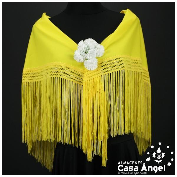 MANTÓN FLAMENCO AMARILLO LISO CON FLECO CALADO DE CUQUILLO