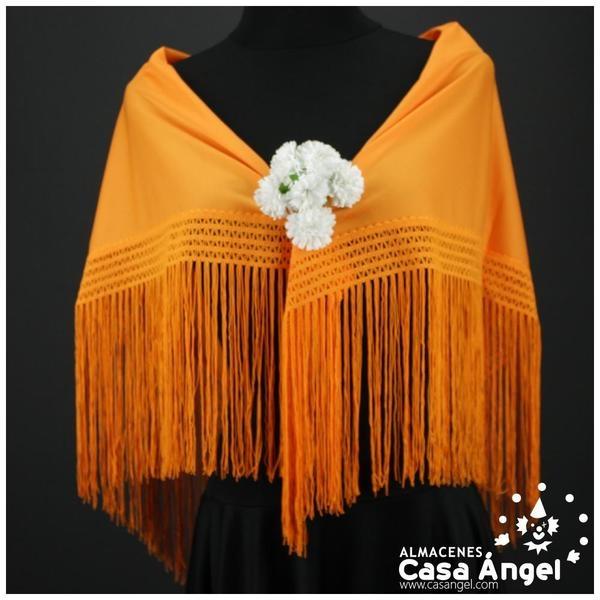 MANTÓN FLAMENCO NARANJA LISO CON FLECO CALADO DE CUQUILLO