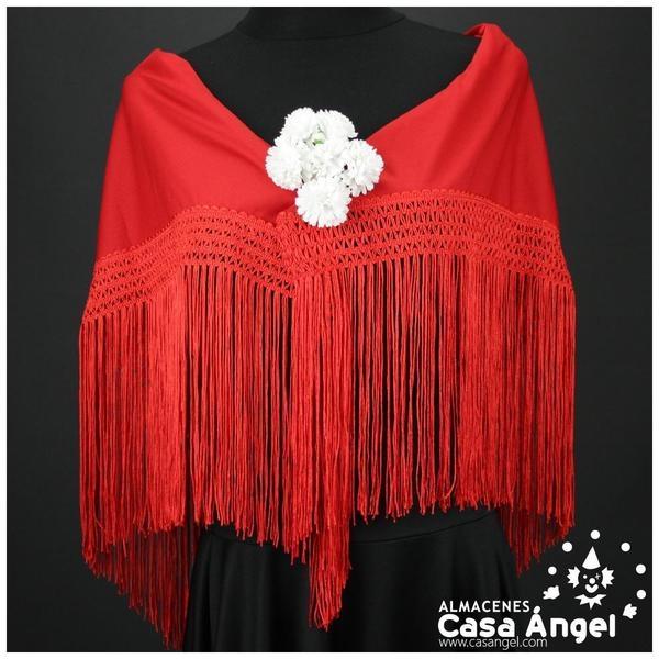 MANTÓN FLAMENCO ROJO LISO CON FLECO CALADO DE CUQUILLO