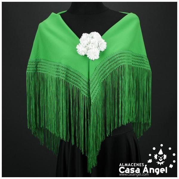 MANTÓN FLAMENCO VERDE ANDALUCIA LISO CON FLECO CALADO DE CUQUILLO