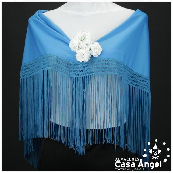 MANTÓN FLAMENCO TURQUESA LISO CON FLECO CALADO DE CUQUILLO