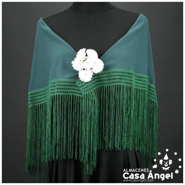 MANTÓN FLAMENCO VERDE BOTELLA LISO CON FLECO CALADO DE CUQUILLO