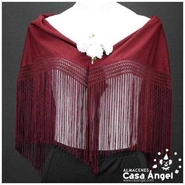 MANTÓN FLAMENCO BURDEOS LISO CON FLECO CALADO DE CUQUILLO