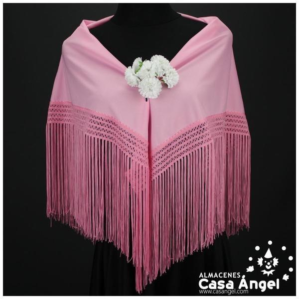 MANTÓN FLAMENCO ROSA CHICLE LISO CON FLECO CALADO DE CUQUILLO