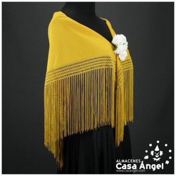 MANTÓN FLAMENCO AMARILLO MOSTAZA CON FLECO CALADO DE CUQUILLO