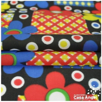 SATÍN ESTAMPADO DE FLORES SOBRE NEGRO SERIE MARGA 150cm