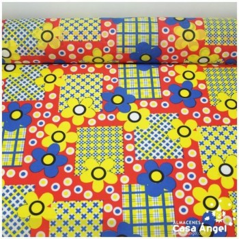 SATÍN ESTAMPADO DE FLORES SOBRE ROJO SERIE MARGA 150cm