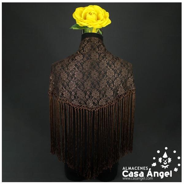 MANTÓN MARRÓN DE ENCAJE FLORAL CON FLECOS ADULTO
