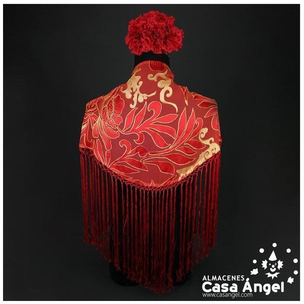 MANTÓN ROJO CON TRANSPARENCIAS Y ESTAMPADO COLOR ORO ADULTO