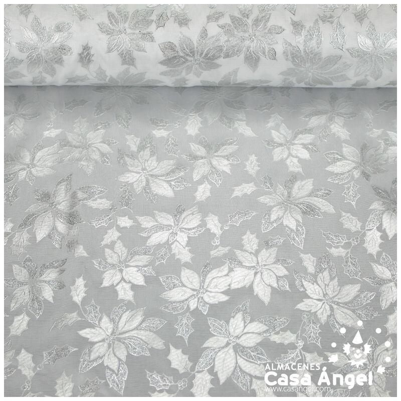 TELA DE FANTASÍA FLORES GLITTER PLATA SOBRE PUNTO BLANCO 140cm