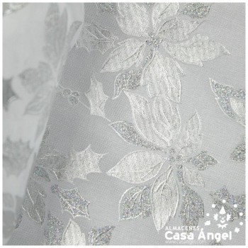 TELA DE FANTASÍA FLORES GLITTER PLATA SOBRE PUNTO BLANCO 140cm