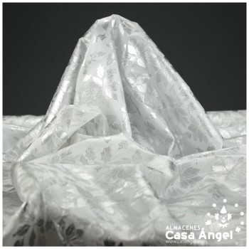 TELA DE FANTASÍA FLORES GLITTER PLATA SOBRE PUNTO BLANCO 140cm